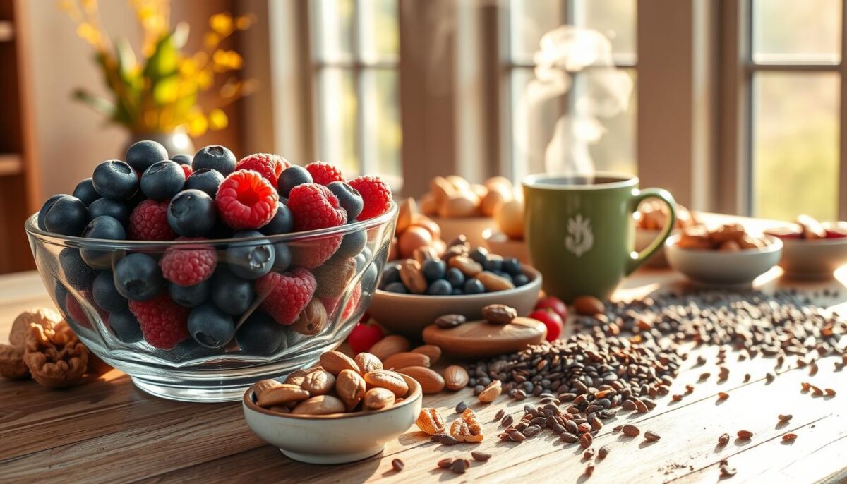 An early morning sunlit still life featuring an assortment of brain-boosting superfoods. In the foreground, a glass bowl overflows with a vibrant blend of berries, including blueberries, raspberries, and acai. Surrounding the bowl, an arrangement of walnuts, almonds, and pecans in shallow ceramic dishes. In the middle ground, a steaming mug of matcha tea emits wisps of fragrant steam. In the background, a scattering of cacao nibs, goji berries, and chia seeds across a rustic wooden table, illuminated by warm natural light filtering through large windows. The overall scene conveys a sense of nourishment, vitality, and cognitive enhancement.