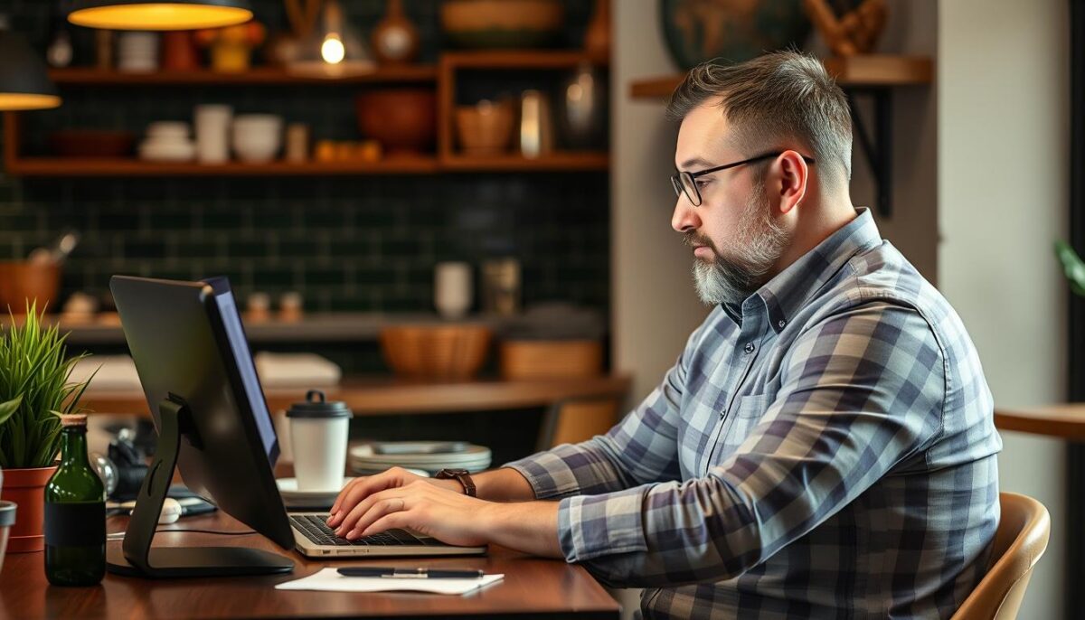 An image of a restaurant owner browsing online for affordable restaurant supplies