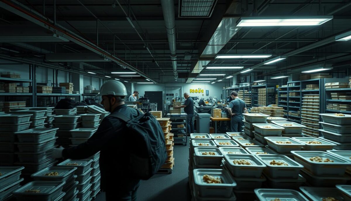 An interior view of a ghost kitchen operations center, with a focus on the challenges of food delivery logistics. In the foreground, a harried delivery driver navigates a maze of temperature-controlled food containers, trying to efficiently load their vehicle. In the middle ground, kitchen staff hurriedly prepare orders, while a dispatcher oversees the flow of outgoing deliveries. The background is a hive of activity, with conveyor belts, packing stations, and a complex system of shelves and racks. Dim overhead lighting casts long shadows, creating a sense of urgency. The scene conveys the high-pressure environment of a ghost kitchen, where speed, organization, and responsiveness are essential to keeping up with growing demand.
