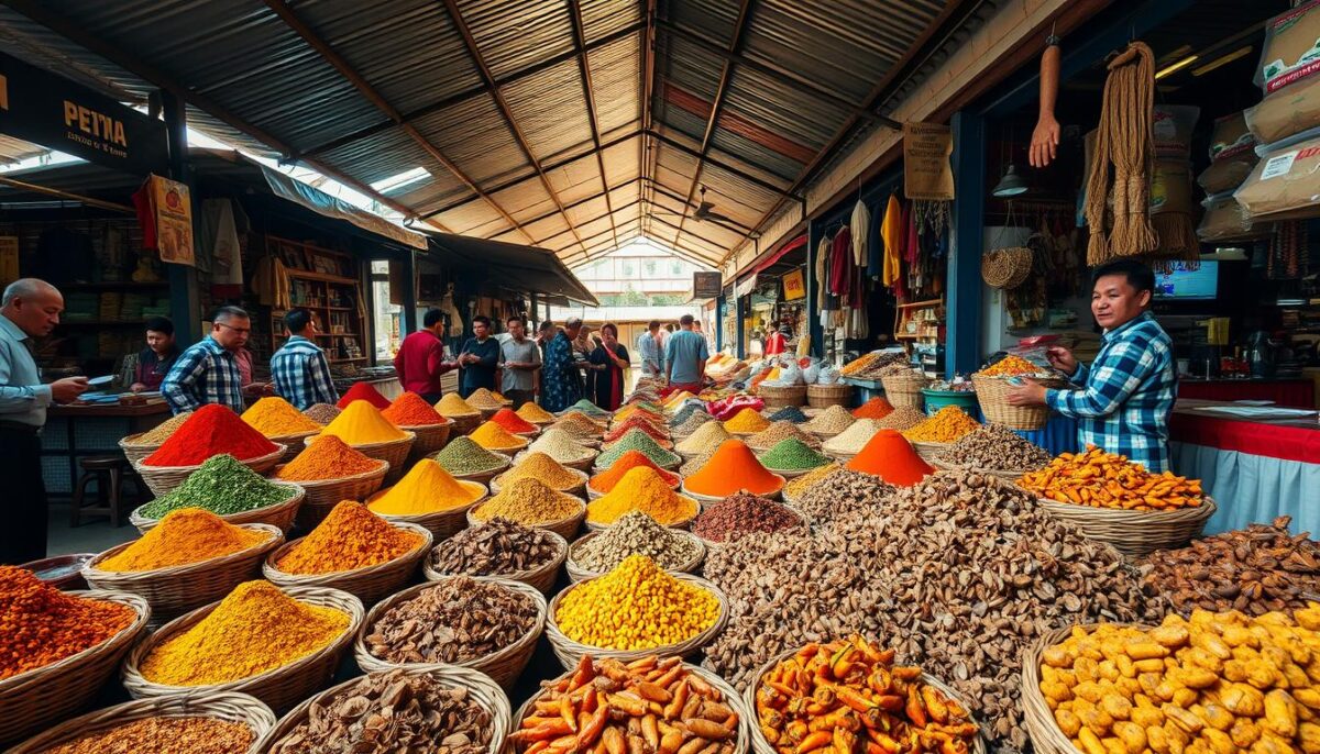 An open-air spice market in Chow Kit, Kuala Lumpur, teeming with vibrant aromas and colors. In the foreground, an array of spices in woven baskets - turmeric, cumin, coriander, and fragrant curry powders. Vendors in traditional Malay clothing move through the bustling crowds, offering samples and making sales. The middle ground reveals piles of dried chili peppers, star anise, and cardamom pods, their textures and hues creating a visual symphony. In the background, the corrugated tin roofs and worn wooden stalls of the historic market create a sense of timeless tradition, while natural light filters in, casting a warm, golden glow over the entire scene.
