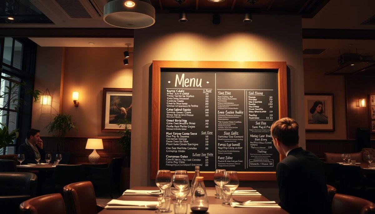 An upscale restaurant interior with a well-designed menu displayed on a wood-framed chalkboard. Soft, warm lighting illuminates the space, creating a cozy, inviting atmosphere. The chalkboard features a minimalist, visually appealing layout, highlighting key menu items and prices. Diners can be seen studying the menu, considering their options. The background showcases elegant, tasteful decor, such as potted plants, artwork, and wooden accents, emphasizing the restaurant's attention to detail and commitment to a premium dining experience. The overall scene conveys the concept of "menu engineering" - the strategic design and presentation of a menu to optimize profitability and reduce food waste.