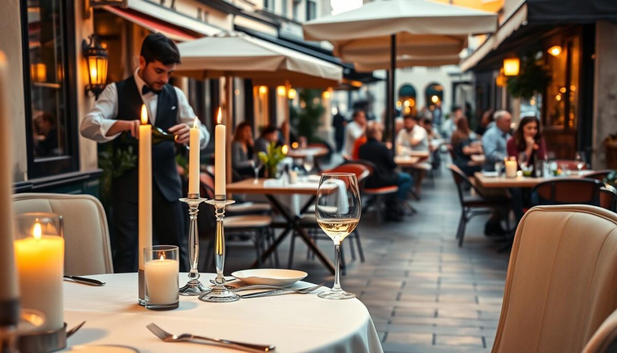 Elegant candlelit table in the foreground, crisp white tablecloth and fine china, a sommelier pouring wine, with a casual outdoor cafe setting in the background - wooden tables, tiled floors, market umbrellas, and people enjoying hearty Viennese fare. Warm, golden lighting filters through the scene, casting a cozy glow. The contrast between the refined, formal dining experience and the relaxed, bustling atmosphere of the neighborhood cafe captures the essence of Viennese culinary culture - a harmonious blend of high-end gastronomy and everyday local delights.