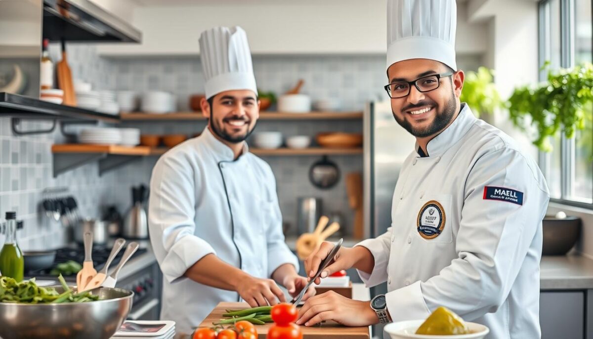 Generate an image of a chef in a professional kitchen with a certification badge.