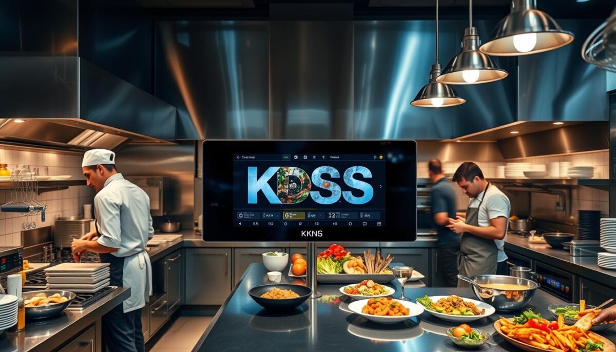 Generate an image of a modern Kitchen Display System in a bustling restaurant kitchen.