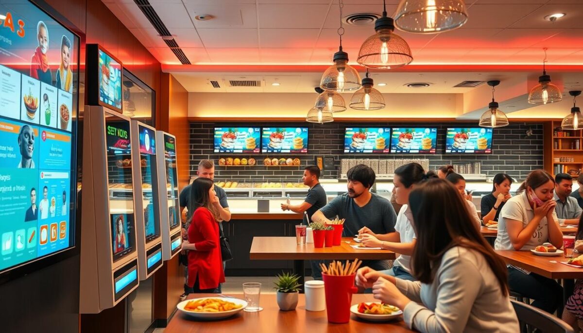 Generate an image of a modern restaurant with self-ordering kiosks and happy customers.