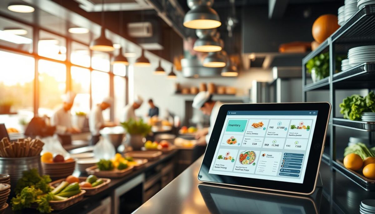 Generate an image of a restaurant kitchen with a digital inventory management system on a tablet.