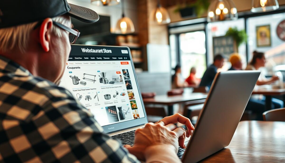 Generate an image of a restaurant owner browsing through WebstaurantStore's website on a laptop, with various restaurant equipment and supplies displayed on the screen.