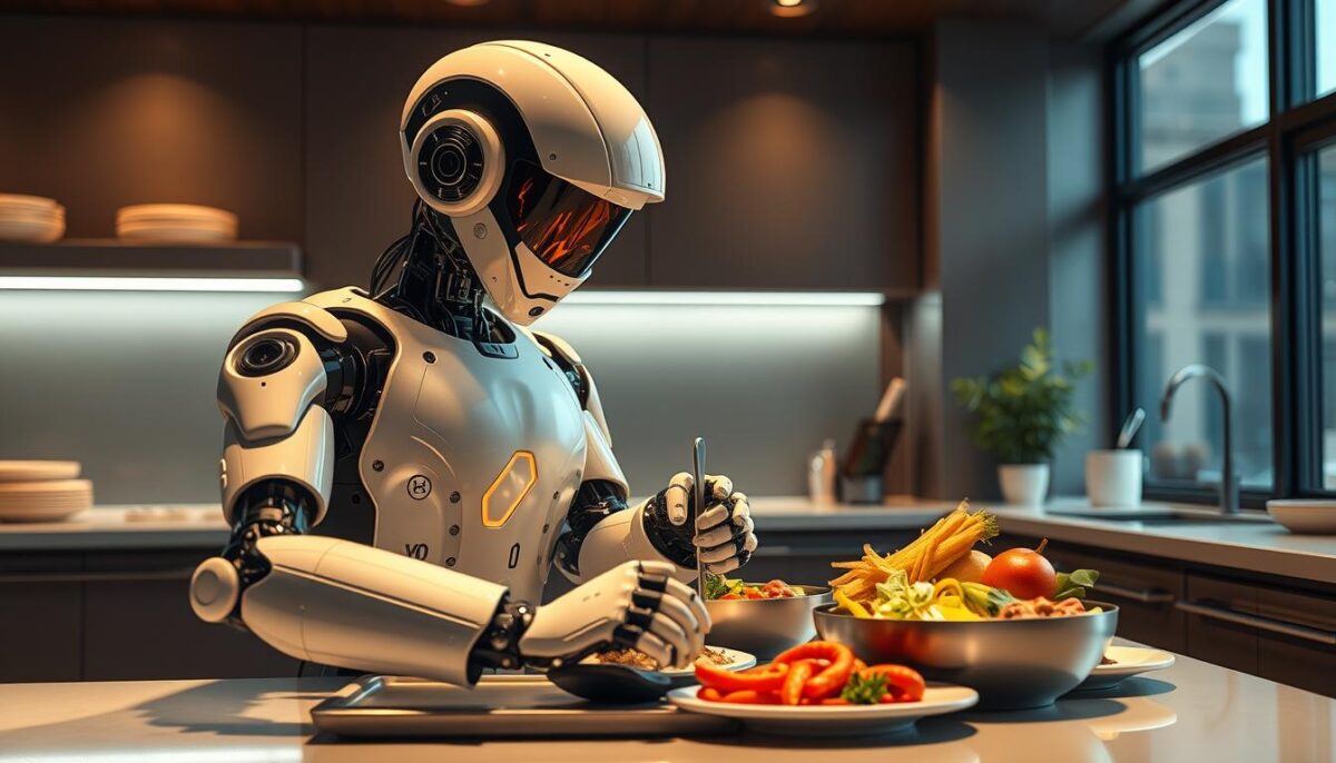 Generate an image of a robotic kitchen assistant preparing a meal.