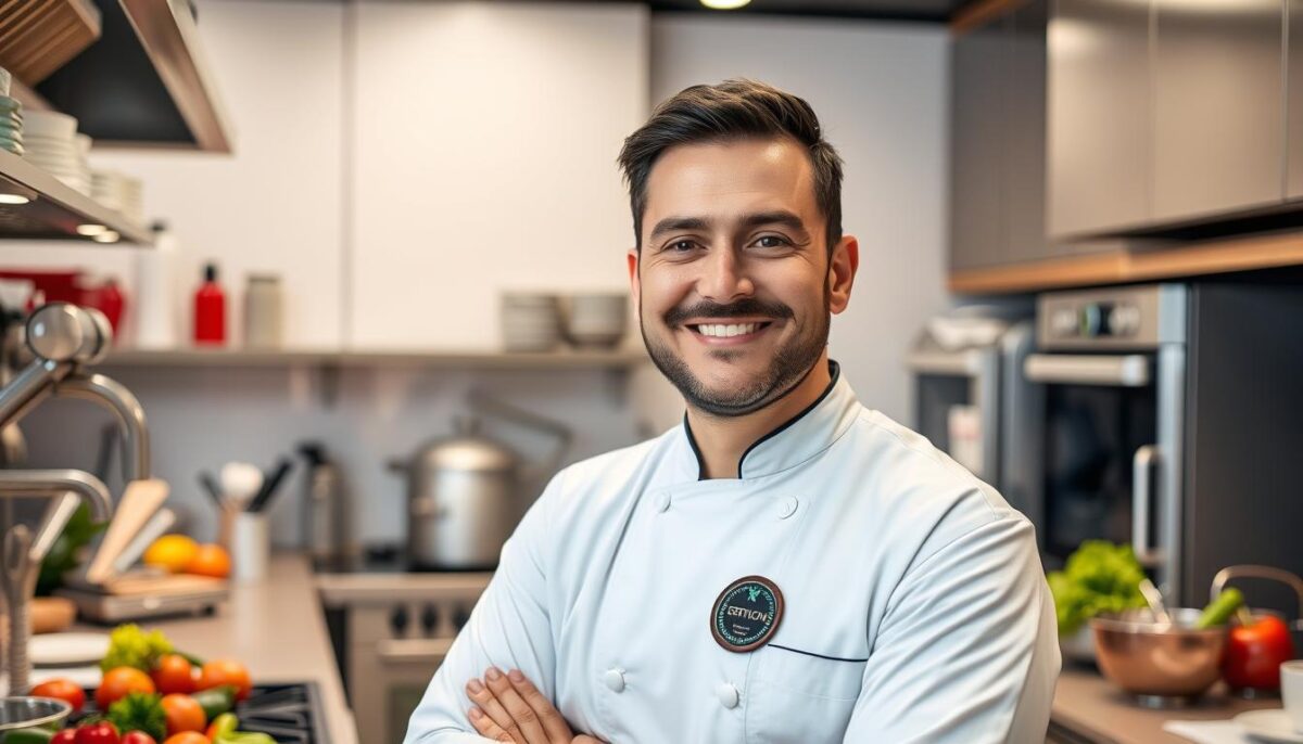 Image of a chef in a kitchen with a certification badge