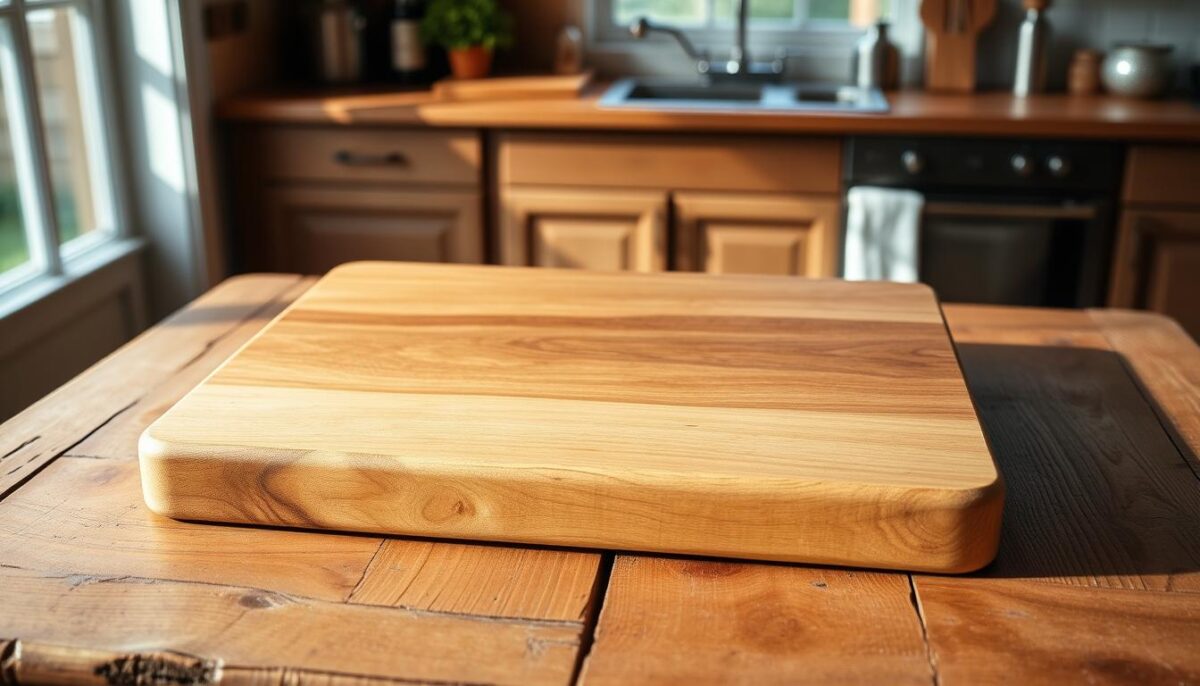 A beautiful, high-quality oak wood cutting board, lying on a rustic wooden table in a warm, cozy kitchen. The surface is smooth and unblemished, with a natural grain pattern. Soft, natural lighting illuminates the scene, casting gentle shadows. The board is positioned at a slight angle, allowing for easy access and visibility. The wooden table has a weathered, distressed appearance, adding to the overall charming, homely ambiance. The cutting board is the central focus, showcasing its sturdy, practical design and inviting the viewer to imagine the culinary creations that will be prepared upon it.