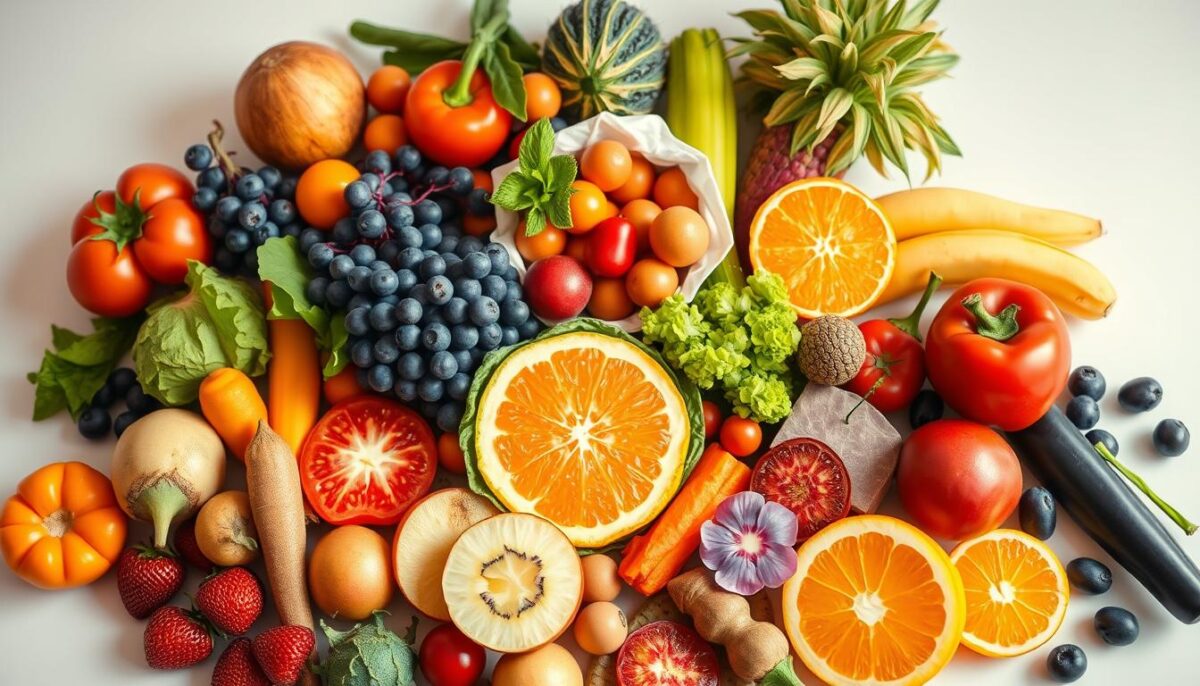 A beautifully arranged spread of vibrant, fresh produce takes center stage against a crisp, white backdrop. Carefully curated fruits and vegetables, each bursting with color, are artfully displayed in a visually striking presentation. Warm, diffused lighting casts a natural glow, accentuating the textures and hues of the ingredients. The scene exudes a sense of culinary elegance and invites the viewer to savor the visual feast. A focal point of the composition, the colorful assortment of foods creates a captivating and appetizing display, showcasing the power of hue and composition in elevating the dining experience.