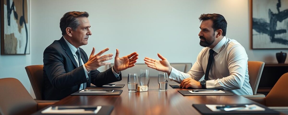 A boardroom table with two men in business attire, one gesturing persuasively while the other listens intently. Soft, warm lighting illuminates their faces, creating an air of serious negotiation. The background features modern, minimalist decor with abstract artwork on the walls, conveying a professional, high-end ambiance. The scene captures the tension and focus of a restaurant supplier negotiation, with the two individuals engaging in a crucial discussion to reach a mutually beneficial agreement.