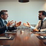 A boardroom table with two men in business attire, one gesturing persuasively while the other listens intently. Soft, warm lighting illuminates their faces, creating an air of serious negotiation. The background features modern, minimalist decor with abstract artwork on the walls, conveying a professional, high-end ambiance. The scene captures the tension and focus of a restaurant supplier negotiation, with the two individuals engaging in a crucial discussion to reach a mutually beneficial agreement.