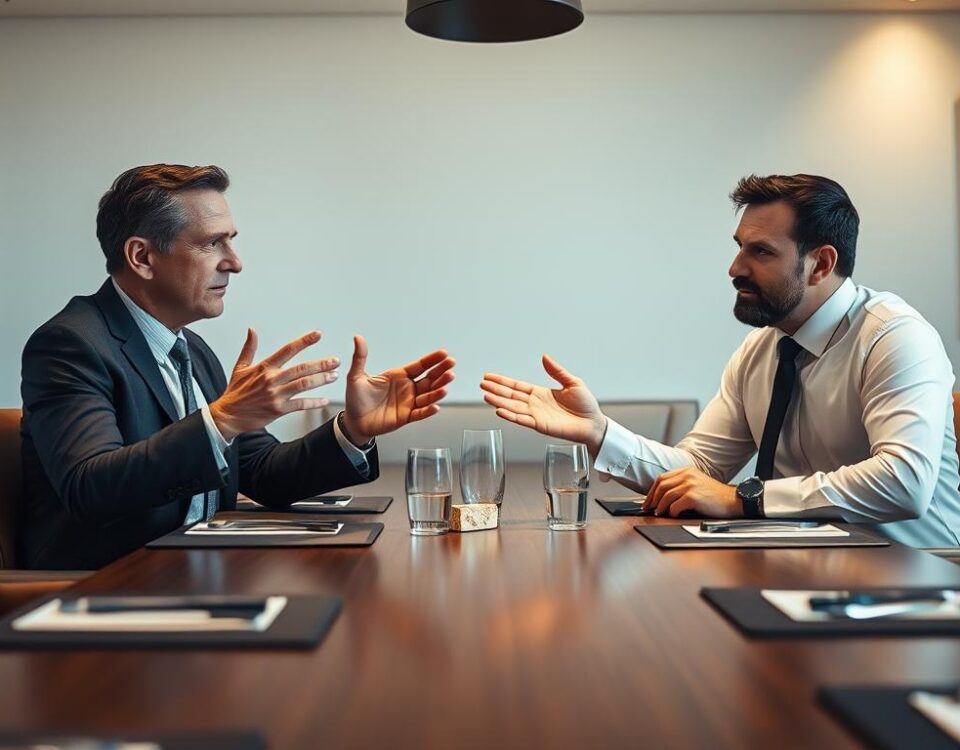 A boardroom table with two men in business attire, one gesturing persuasively while the other listens intently. Soft, warm lighting illuminates their faces, creating an air of serious negotiation. The background features modern, minimalist decor with abstract artwork on the walls, conveying a professional, high-end ambiance. The scene captures the tension and focus of a restaurant supplier negotiation, with the two individuals engaging in a crucial discussion to reach a mutually beneficial agreement.