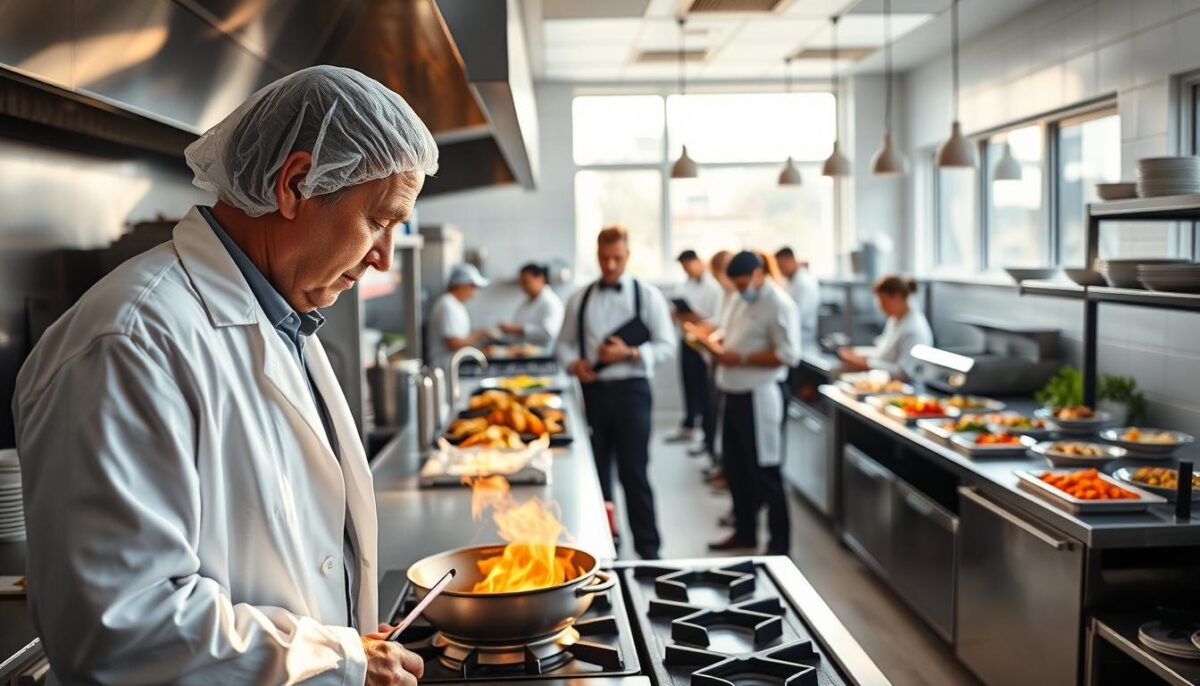 A bright, airy commercial kitchen with stainless steel appliances and spotless countertops. In the foreground, a health inspector in a white lab coat and hairnet examines the temperature of a sizzling pan on the stove, his brow furrowed in concentration. In the middle ground, the restaurant manager stands nearby, clipboard in hand, watching attentively. In the background, line cooks hustle about, preparing an array of colorful, freshly prepared dishes. Soft natural light filters in through large windows, casting a warm glow over the entire scene. The atmosphere is one of diligence, professionalism, and a shared commitment to maintaining the highest standards of food safety and hygiene.