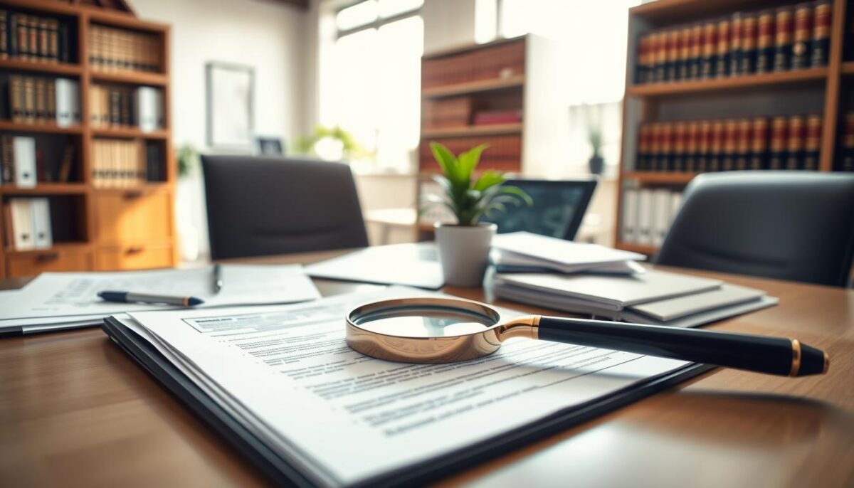 A brightly lit office interior with a desk, computer, and various legal documents and forms arranged neatly. In the foreground, a magnifying glass is placed on top of the documents, symbolizing the attention to detail required for labor law compliance. The middle ground features a small potted plant, adding a touch of natural warmth to the otherwise professional setting. The background showcases a bookshelf filled with legal reference materials, creating a sense of authority and expertise. The overall mood is one of diligence, organization, and a commitment to following labor regulations.