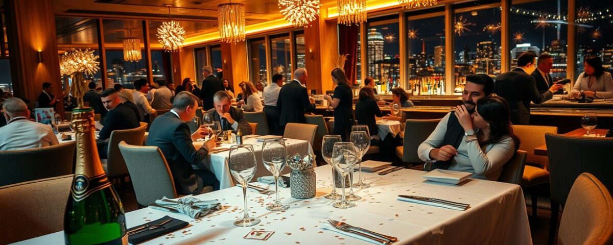 A bustling New Year's Eve restaurant interior, bathed in warm, cozy lighting. In the foreground, a stylishly set table with a bottle of champagne, glittering glassware, and decorative confetti scattered across the white tablecloth. In the middle ground, smartly dressed patrons enjoying a festive meal, animated conversation and laughter filling the air. The background features an elegant bar area, with bartenders mixing cocktails and servers weaving through the crowd. Large windows offer a glimpse of the city skyline outside, the night sky alive with the promise of a new year. An atmosphere of celebration, indulgence, and anticipation pervades the scene.