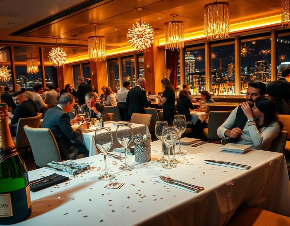 A bustling New Year's Eve restaurant interior, bathed in warm, cozy lighting. In the foreground, a stylishly set table with a bottle of champagne, glittering glassware, and decorative confetti scattered across the white tablecloth. In the middle ground, smartly dressed patrons enjoying a festive meal, animated conversation and laughter filling the air. The background features an elegant bar area, with bartenders mixing cocktails and servers weaving through the crowd. Large windows offer a glimpse of the city skyline outside, the night sky alive with the promise of a new year. An atmosphere of celebration, indulgence, and anticipation pervades the scene.
