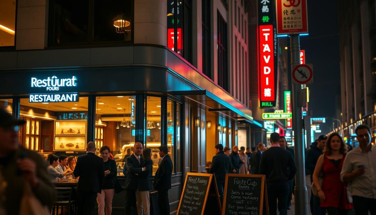 A bustling city street at night, with a modern, well-lit restaurant taking center stage. The exterior features a sleek, minimalist design with large windows showcasing the warm, inviting atmosphere inside. Neon signs and backlit menus subtly advertise the restaurant's offerings, drawing in potential customers. In the foreground, a group of well-dressed diners chat animatedly, while a chalkboard sign on the sidewalk promotes a special event or promotion. The background is filled with the blurred silhouettes of passersby, emphasizing the restaurant's place within the vibrant urban landscape. The lighting is a balanced mix of warm, ambient tones and cool, accent lighting, creating a visually striking and enticing scene.