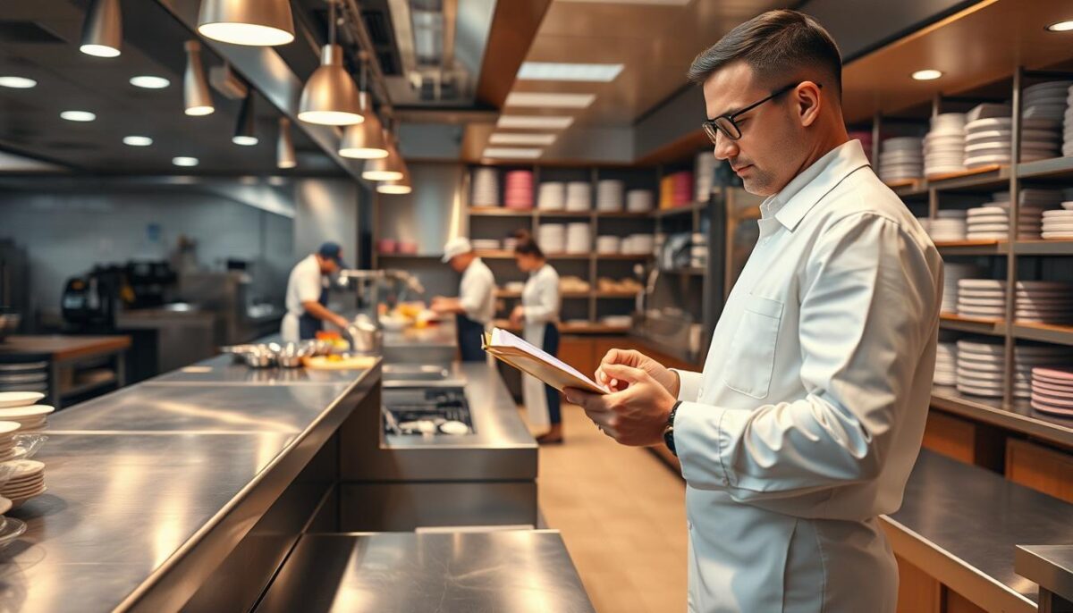 A bustling commercial kitchen, stainless steel countertops gleaming under warm overhead lighting. In the foreground, a health inspector in a crisp white uniform inspects a clipboard, closely examining the food preparation area. The middle ground features a team of cooks and servers working diligently, maintaining a high standard of cleanliness. In the background, shelves of neatly organized supplies and equipment, conveying a sense of order and professionalism. The atmosphere is one of attentiveness and precision, with the health inspector's presence creating a palpable sense of scrutiny and responsibility.
