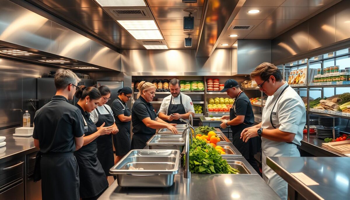 A bustling commercial kitchen, with chefs and staff diligently following food safety protocols. Gleaming stainless steel appliances and pristine surfaces under the warm glow of overhead lighting. In the foreground, a group of employees engaged in handwashing, using proper technique and attention to detail. In the middle ground, a manager overseeing food storage and temperature monitoring, ensuring compliance. In the background, a vibrant display of fresh produce and properly labeled ingredients, conveying a culture of transparency and care. The atmosphere is one of professionalism, teamwork, and a shared commitment to delivering safe, high-quality food.