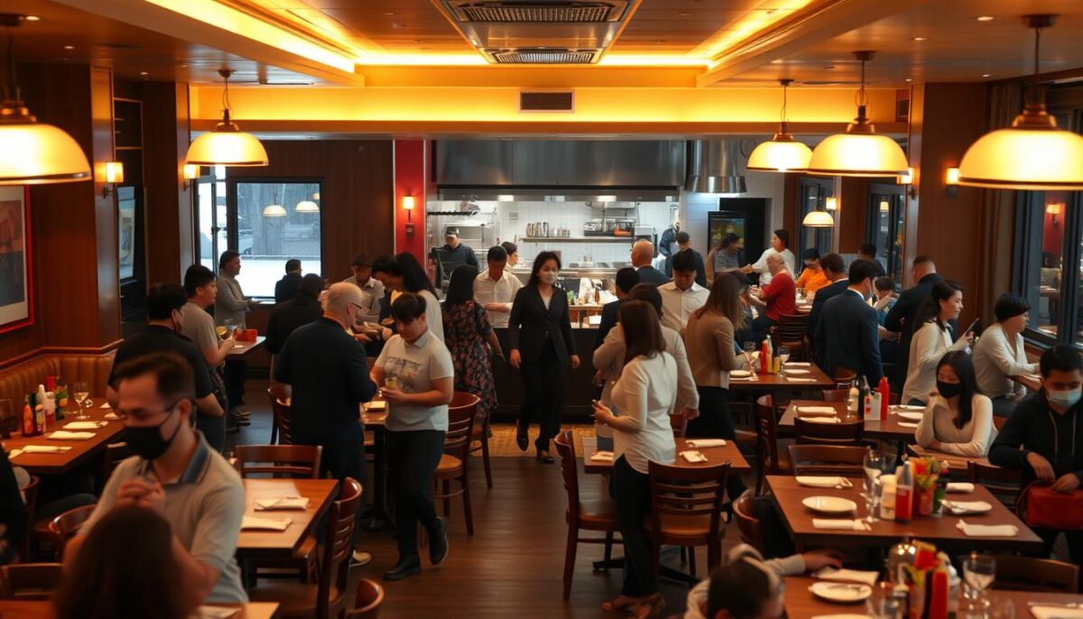 A bustling restaurant interior, captured in a wide-angle view that showcases the flow of foot traffic. The scene is bathed in warm, inviting lighting, creating a cozy ambiance. In the foreground, customers navigate through the dining area, their movements choreographed by the strategic placement of tables and chairs. The middle ground features servers efficiently weaving between tables, delivering dishes and refilling drinks. In the background, the kitchen hums with activity, visible through a pass-through window. The overall layout is designed to optimize the flow of people, maximizing the use of space and facilitating a smooth dining experience.