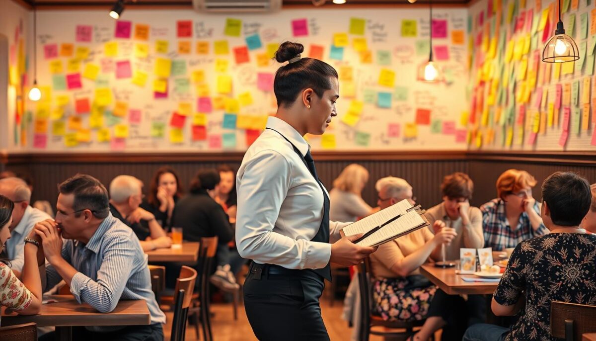 A bustling restaurant interior, with patrons seated at tables engaged in lively discussions. The walls are adorned with vibrant, hand-drawn customer feedback notes scribbled on colorful sticky notes, reflecting a range of opinions and suggestions. Soft, warm lighting casts a welcoming glow, and the atmosphere conveys a sense of openness and willingness to listen to customer voices. In the foreground, a server gracefully navigates the space, clipboard in hand, carefully recording insights from the patrons. The overall scene suggests a restaurant that values customer feedback and is proactively addressing market trends to ensure its long-term success.