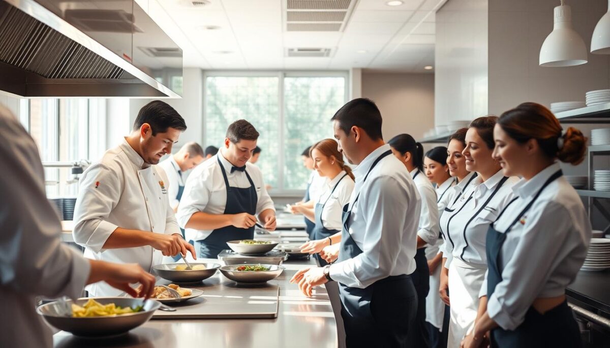 A bustling restaurant kitchen, bright and airy, as staff in crisp uniforms undergo intensive training. Chefs expertly demonstrate culinary techniques, guiding trainees with patience and precision. Servers practice their hospitality skills, learning to anticipate customer needs with a warm, attentive demeanor. Soft natural light filters in through large windows, casting a sense of professionalism and focus. The atmosphere radiates a shared dedication to elevating the dining experience, captured through a medium-wide shot that showcases the team's collaborative spirit.