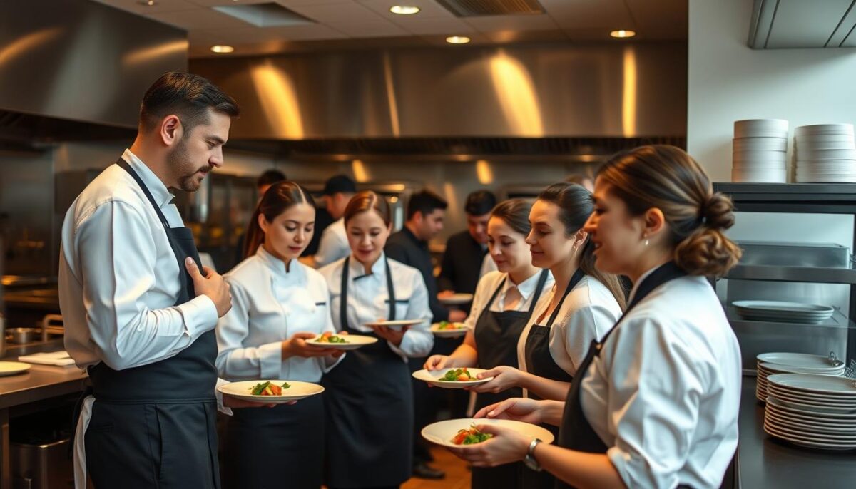 A bustling restaurant kitchen, chefs and servers in crisp uniforms engaged in lively discussion and hands-on training. Soft, diffused lighting illuminates the scene, casting a warm, professional atmosphere. In the foreground, a senior staff member demonstrates proper plating techniques to a group of eager trainees, their faces alight with concentration. In the middle ground, other employees practice customer service skills, role-playing polite interactions and anticipating guest needs. The background reveals the ordered chaos of the kitchen, with line cooks expertly juggling tasks against the backdrop of gleaming stainless steel appliances. An air of focused efficiency pervades the space, reflecting the restaurant's commitment to delivering an exceptional dining experience.