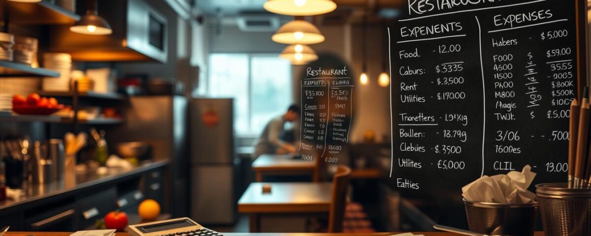 A bustling restaurant kitchen, illuminated by warm overhead lighting, with a variety of kitchen tools and ingredients scattered across the countertops. In the foreground, a chef's calculator and receipts sit on a cluttered desk, symbolizing the financial complexities of running a successful eatery. The middle ground features a detailed breakdown of common restaurant expenses, such as food costs, labor, rent, and utilities, displayed on a large chalkboard. The background blurs into a hazy, contemplative atmosphere, emphasizing the need for restaurant owners to carefully monitor their finances to maximize profitability.