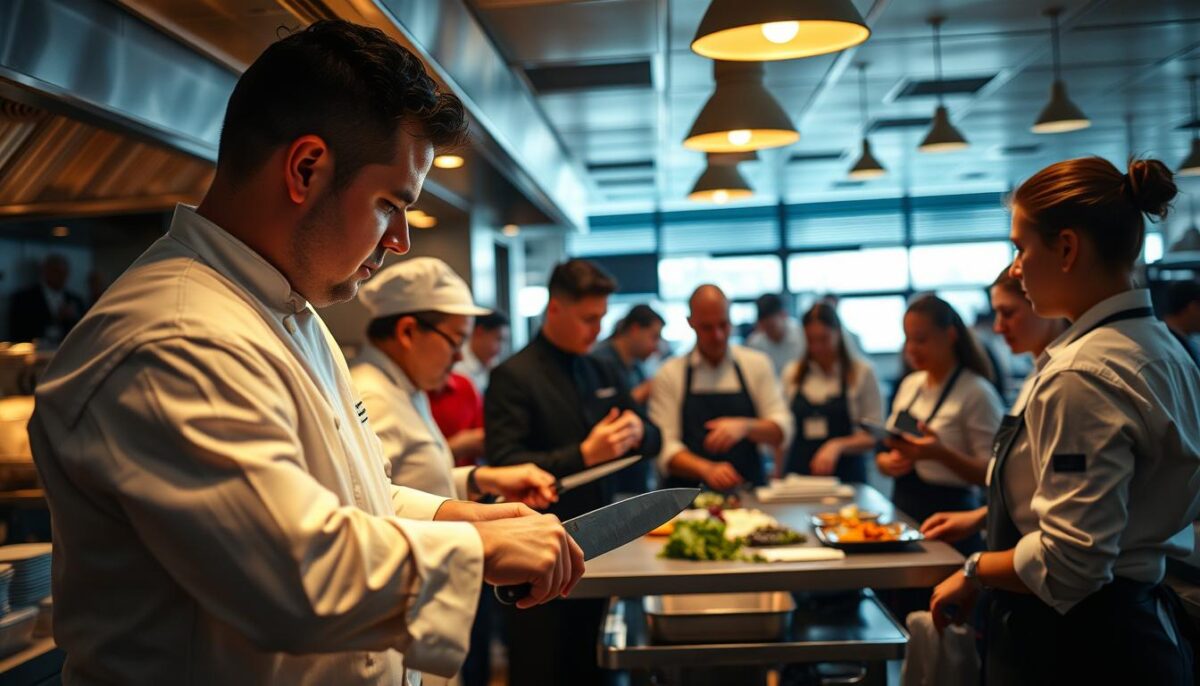 A bustling restaurant kitchen, its staff engaged in rigorous training. In the foreground, a seasoned chef demonstrates precise knife techniques, guiding newer employees through each meticulous motion. Ambient lighting casts a warm, focused glow, drawing the eye to the task at hand. In the middle ground, servers huddle around a manager, reviewing detailed procedures for efficient table service and customer interaction. The background reveals a well-organized, spotless workspace, hinting at the disciplined approach to building a flow-conscious team. Tension and focus fill the air, as the staff works in harmony to perfect their craft and optimize the customer experience.