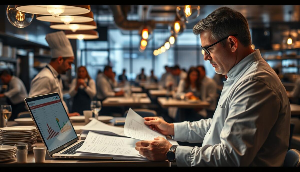 A bustling restaurant kitchen, with chefs meticulously managing invoices, ledgers, and financial reports under the warm glow of pendant lighting. In the foreground, a manager scrutinizes a spreadsheet, brow furrowed in concentration, while a laptop displays a visual dashboard of key performance indicators. In the background, servers hustle between tables, delivering orders, as the clinking of glasses and murmured conversations create a lively atmosphere. The scene conveys the delicate balance of running a successful restaurant operation, where financial oversight and strategic planning are essential to weathering the unpredictable tides of the industry.