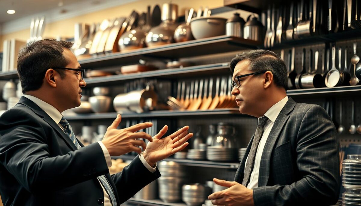 A bustling restaurant supply showroom, with two businessmen in suits engaged in an intense negotiation. Soft, warm lighting casts a professional atmosphere, while the background features shelves stocked with a diverse array of kitchen equipment and utensils. The negotiators lean in, gesturing emphatically, their expressions conveying the high-stakes nature of the discussion. A sense of collaboration and compromise permeates the scene, hinting at the art of effective supplier negotiations.