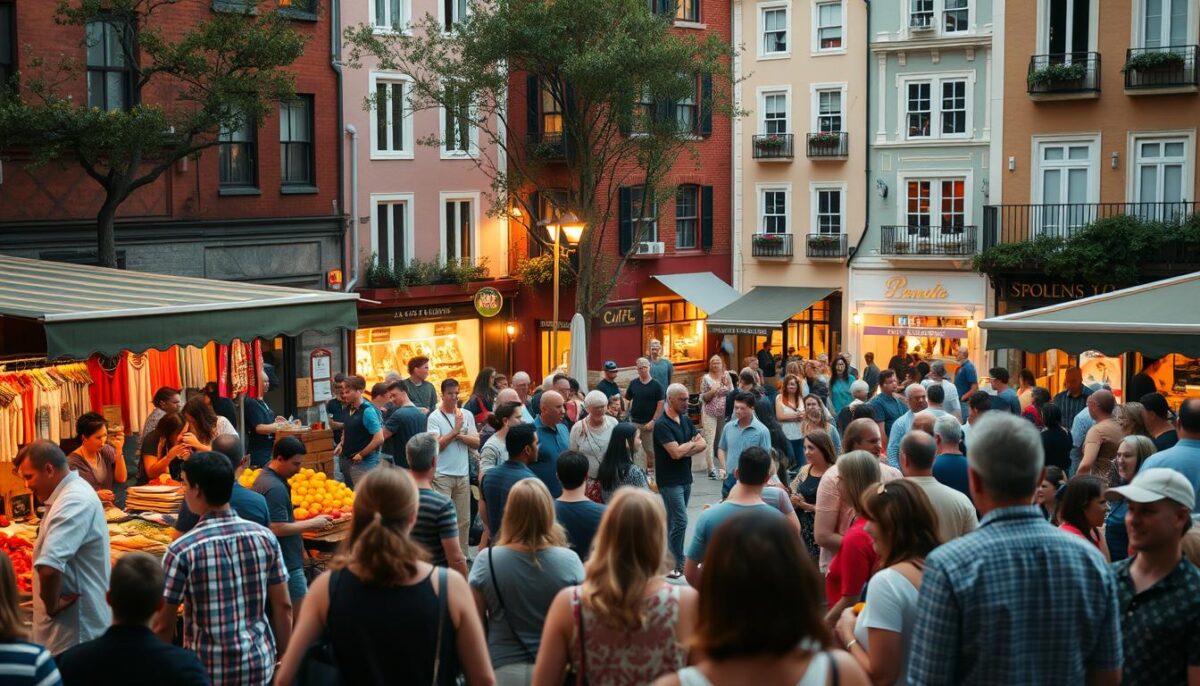 A bustling town square with a vibrant community gathering, captured in a warm, cinematic light. In the foreground, people engage in lively conversations, browsing local vendors' stalls showcasing handcrafted goods and fresh produce. In the middle ground, a lively street performer captivates the crowd with their energetic routine. The background is filled with the charming facades of local shops and cafes, creating a sense of cozy, neighborhood ambiance. The scene is shot with a wide-angle lens, emphasizing the sense of community and connection within this local marketplace.