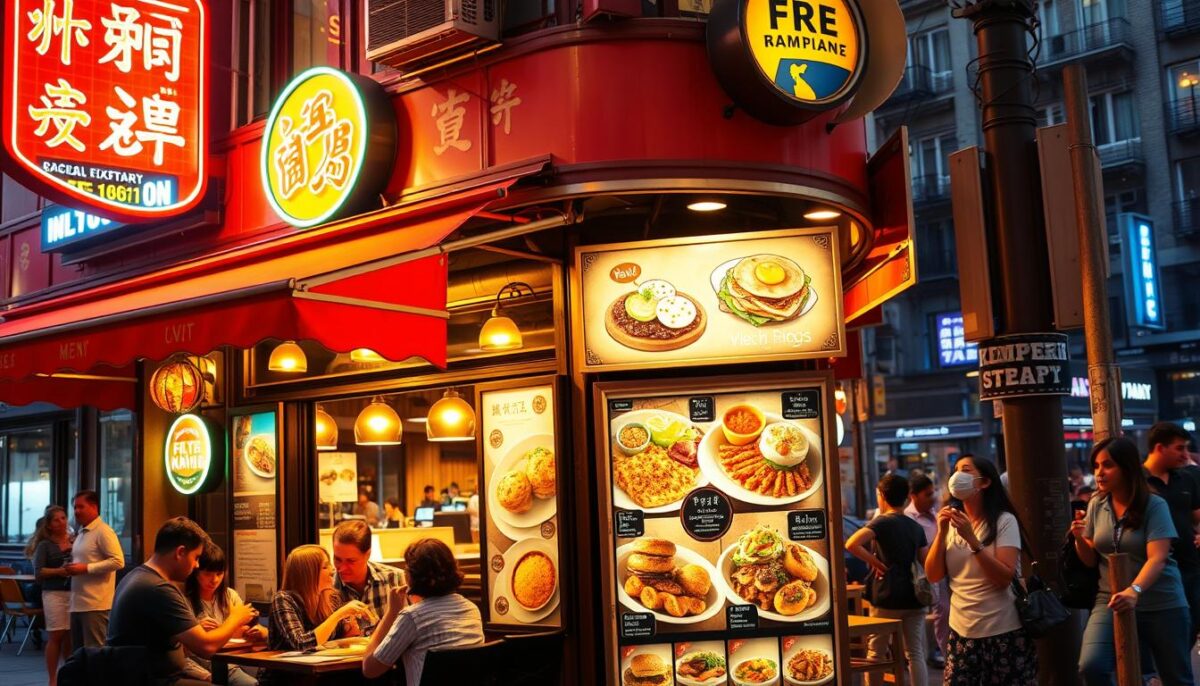 A bustling urban restaurant, its facade adorned with neon signage and vibrant awnings, capturing the energy of a thriving culinary establishment. In the foreground, a group of diners enjoying their meals, immersed in conversation, creating a sense of lively atmosphere. The middle ground features a display of enticing menu items, presented with a focus on appetizing food photography, tempting passersby to step inside. The background showcases a busy street scene, with pedestrians and traffic adding to the dynamic urban setting. Lighting is warm and inviting, creating a cozy ambiance that invites exploration. The overall scene conveys a sense of vibrant, yet strategic marketing strategies, enticing potential customers to experience the restaurant's offerings.