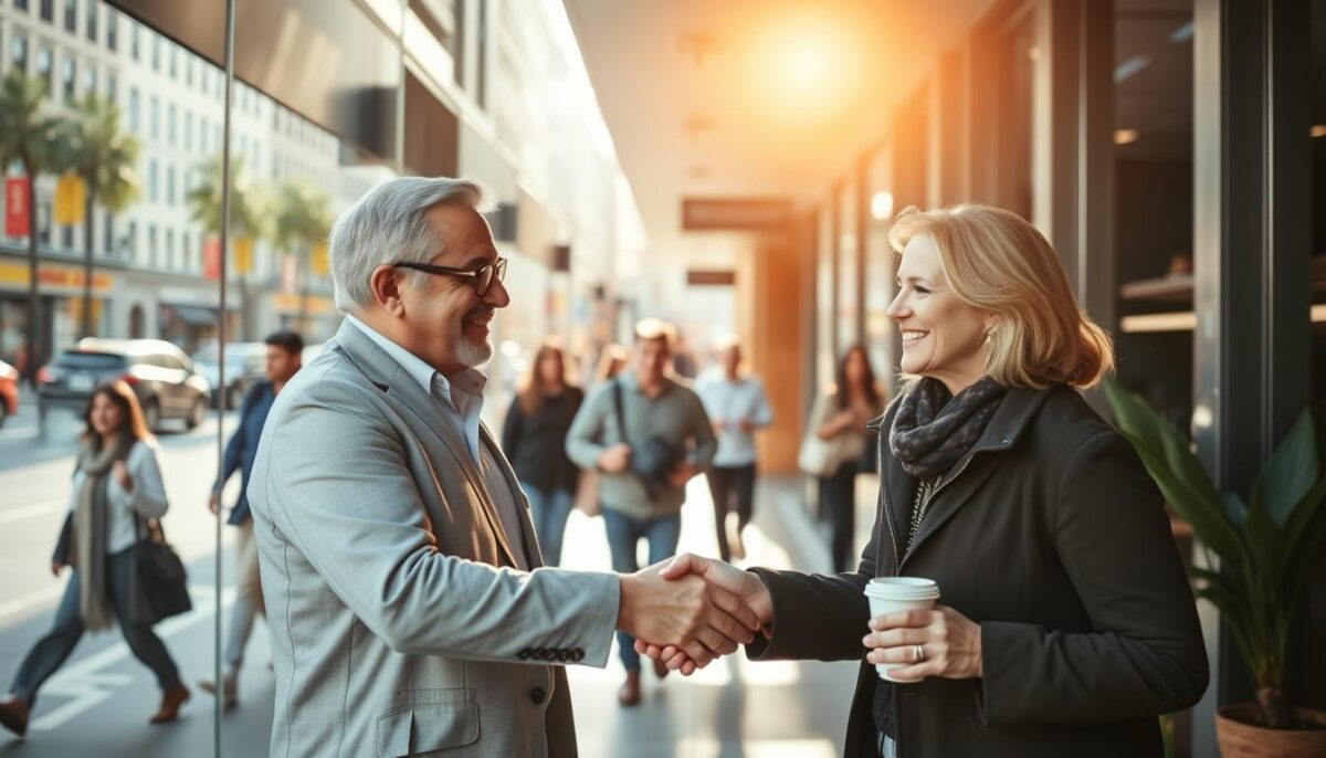 A bustling urban street, two business owners shaking hands in a warm, sun-drenched storefront. A modern cafe with sleek, minimalist decor and large windows that flood the space with natural light. The owners, a middle-aged man and woman, smile as they discuss their new partnership, coffee cups in hand. In the background, pedestrians stroll by, adding a sense of energy and community to the scene. The overall mood is one of optimism, collaboration, and the promise of a successful business venture.