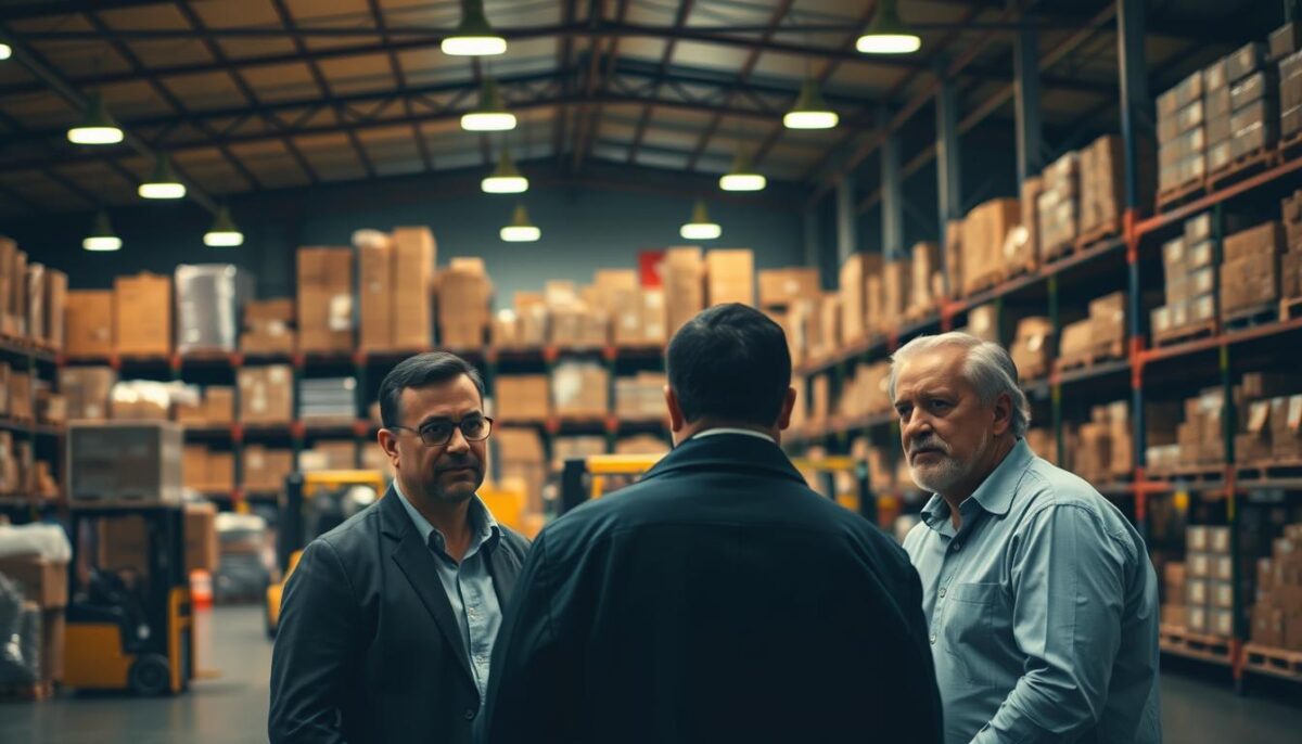 A bustling warehouse interior, dimly lit with warm industrial lighting. In the foreground, a group of purchasing managers discuss deals and negotiate prices, their expressions intent and focused. Towering shelves line the middle ground, stocked with an array of products. In the background, forklifts move pallets efficiently, the hum of activity underscoring the importance of volume discounts and bulk ordering. The scene conveys a sense of strategic collaboration, where savvy negotiation and organizational power combine to secure the best terms for the business.