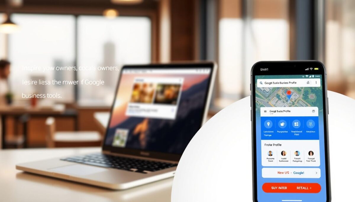 A clean, modern illustration of a Google Business Profile, showcasing its key features and functionality. The foreground depicts a smartphone display with the Google Business Profile interface, featuring a business name, logo, rating, and prominent call-to-action buttons. The middle ground shows a laptop screen, highlighting the profile management and analytics tools. The background features a soft, blurred cityscape, conveying a sense of a thriving local business. The lighting is warm and natural, with a slight vignette effect to draw the viewer's attention to the central elements. The overall mood is professional, informative, and designed to inspire restaurant owners to leverage the power of Google's business tools.