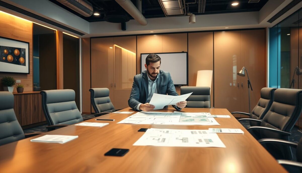 A conference room with a large table, chairs, and modern office decor. In the center, a project manager reviews diagrams and documents related to a POS system migration plan. The lighting is bright and professional, with a slight warm tone. The angle is a three-quarter view, capturing the details of the room and the planning process. The atmosphere conveys a sense of thoughtful collaboration and strategic decision-making.
