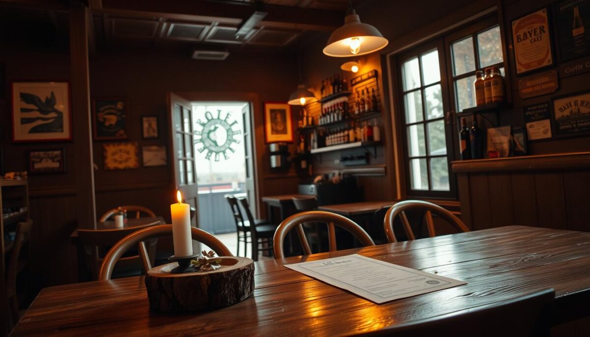 A cozy, dimly lit local restaurant interior with a warm, inviting atmosphere. The foreground features a wooden tabletop with a rustic centerpiece, a flickering candle, and a menu placed neatly on the table. In the middle ground, there are wooden chairs surrounding the table, and the walls are adorned with vintage-style artwork and shelves displaying local wine bottles and craft beer cans. The background showcases a large open window, allowing natural light to filter in and illuminate the space, creating a soft, golden glow throughout the room. The overall scene conveys a sense of community, authenticity, and a focus on locally sourced, high-quality ingredients.