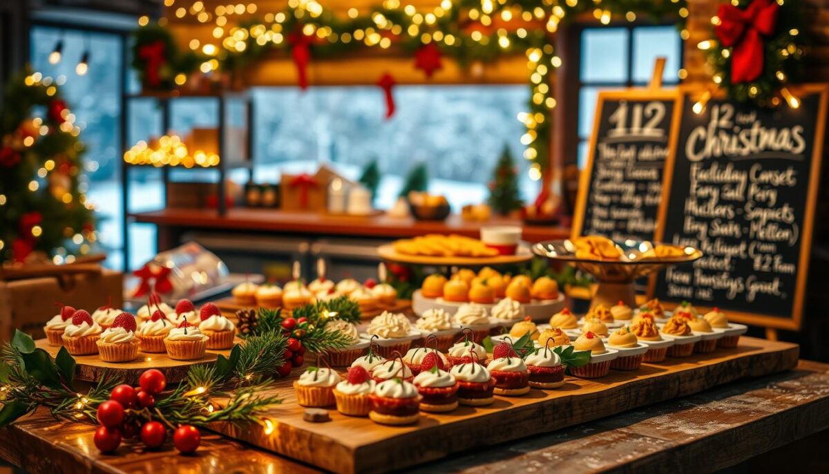 A cozy, festive Christmas catering scene with a "12 Days of Christmas" theme. In the foreground, a display of various holiday-themed hors d'oeuvres and desserts arranged artfully on a rustic wooden table, with sprigs of holly, cinnamon sticks, and twinkling fairy lights adding a warm, inviting atmosphere. In the middle ground, a backdrop of holiday-decorated shelves or a kitchen counter, with a chalkboard menu highlighting the "12 Days of Christmas" promotion. The background features a softly-lit, snowy winter landscape visible through a window, creating a sense of seasonal magic. The lighting is a combination of warm, golden tones and soft, diffused natural light, lending a premium, high-end look to the scene. The overall mood is one of festive celebration, enticing customers to indulge in the holiday catering offerings.