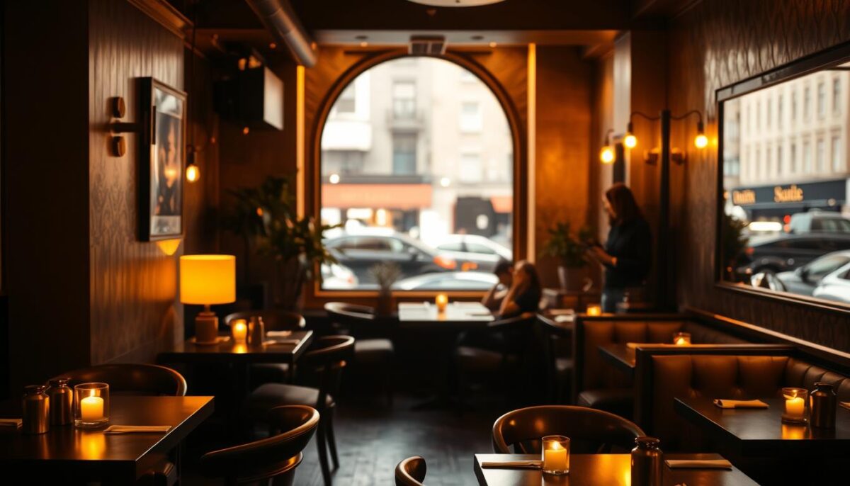A cozy, intimate restaurant interior with warm, ambient lighting. A dimly lit room with a mixture of soft, yellow-toned overhead lighting and flickering candlelight. Wooden tables and chairs, plush upholstered booths, and the gentle hum of conversation. Brass and copper accents, potted plants, and a rich, textured wall finish create a welcoming, sophisticated atmosphere. A focal point window offers a glimpse of a bustling city street outside, blurred and out of focus. The scene evokes a sense of relaxation and comfort, inviting diners to linger and savor their experience.