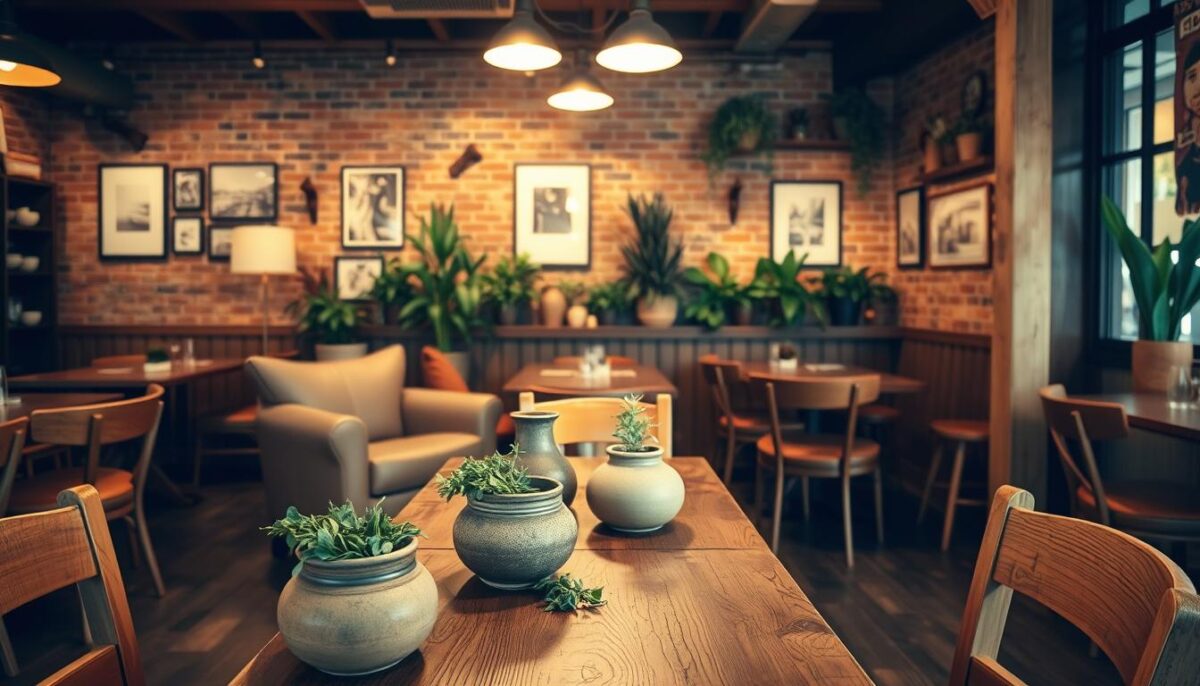 A cozy, inviting restaurant interior with warm lighting and natural textures. In the foreground, a wooden table setting with rustic pottery and fresh herbs. In the middle ground, a mix of comfortable leather and wood chairs surrounding the table. In the background, exposed brick walls with art pieces and potted plants, creating a relaxed, homey ambiance. The overall atmosphere evokes a casual, neighborhood eatery with a focus on fresh, locally-sourced ingredients. Shoot with a wide-angle lens to capture the depth and scale of the space.