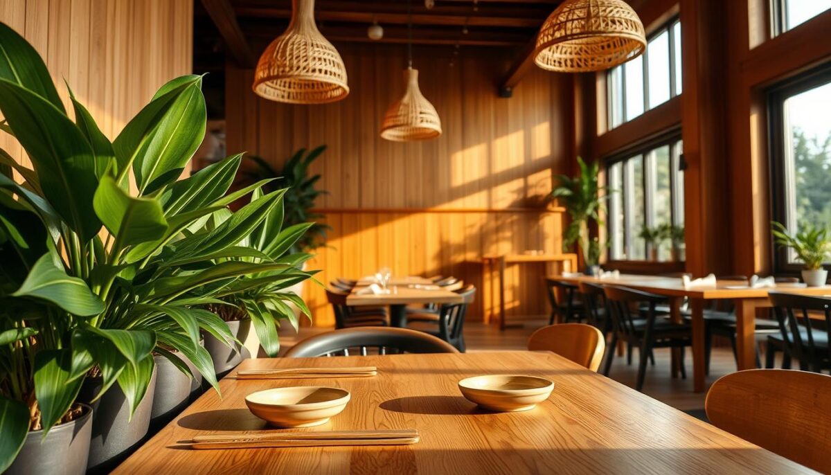 A cozy restaurant interior with natural, balanced colors. In the foreground, a wooden table is set with earthy ceramic plates and wooden utensils. Lush, verdant potted plants line the table's edge, their leaves casting soft shadows. The middle ground features warm, honey-toned wood paneling on the walls, complemented by pendant lights with rattan shades. In the background, large windows allow natural daylight to stream in, illuminating the space with a gentle, golden glow. The overall mood is one of tranquility and comfort, inviting guests to linger and savor the ambiance.