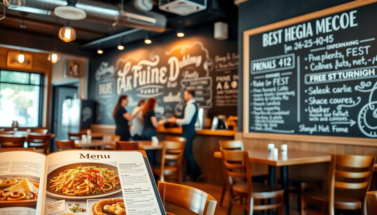 A cozy restaurant interior with warm lighting, wooden tables, and chairs arranged in a thoughtful layout. In the foreground, a well-designed menu with mouthwatering dish images and appealing typography. In the middle ground, a team of friendly staff engaging with customers, showcasing excellent service. The background features a large chalkboard wall displaying the restaurant's brand identity, promotions, and social media handles. The overall atmosphere conveys a welcoming and inviting ambiance, highlighting the restaurant's marketing strategy to attract and retain customers.