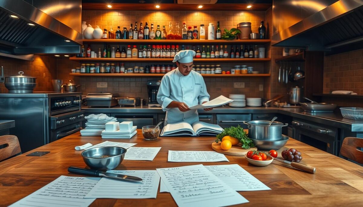 A cozy restaurant kitchen with stainless steel appliances and a large wooden table in the foreground. Handwritten recipe cards, cooking utensils, and fresh ingredients scattered across the surface. In the middle ground, a chef in a crisp white uniform carefully planning a menu, surrounded by open cookbooks and sketches. The background features a wall of shelves stocked with spices, sauces, and neatly organized kitchen supplies, illuminated by warm, soft lighting from overhead. An atmosphere of focused creativity and culinary expertise pervades the scene.