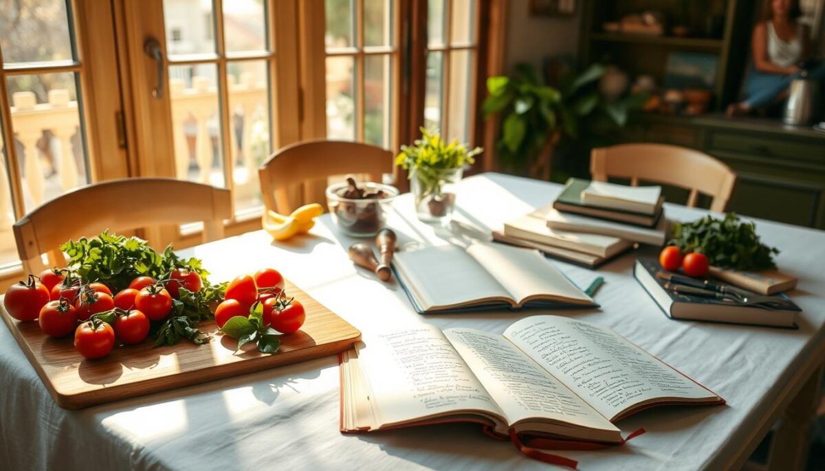 A cozy, sun-dappled kitchen table, adorned with a crisp white tablecloth and an array of fresh summer ingredients. In the foreground, a cutting board overflows with vibrant produce - juicy tomatoes, fragrant herbs, and crunchy vegetables. Nearby, a notebook lies open, its pages filled with handwritten notes and sketches of potential menu items. The scene is bathed in warm, golden light filtering through large windows, creating a serene and inviting atmosphere. On the tabletop, a collection of cookbooks and tasting notes suggest a thoughtful, meticulous process of menu planning, while the overall composition evokes a sense of calm inspiration and culinary creativity.