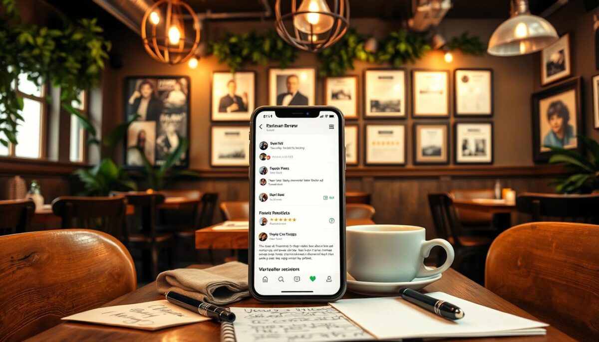 A cozy, well-lit cafe interior with wooden tables, vintage light fixtures, and lush greenery. At the center, a smartphone displaying a restaurant review website, surrounded by handwritten notes, a pen, and a cup of coffee. In the background, a gallery wall showcases framed customer reviews and ratings. The overall atmosphere is warm, inviting, and focused on the importance of online reputation management for a thriving restaurant business.