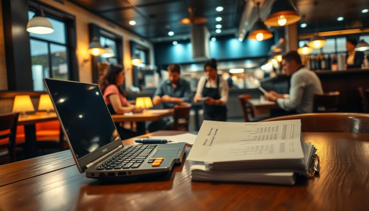 A cozy, well-lit restaurant interior with a focus on financial management. In the foreground, a wooden desk with a laptop, calculator, and ledgers open, reflecting the careful tracking of income and expenses. In the middle ground, a group of restaurant staff reviewing financial reports and discussing strategies for cost optimization and revenue growth. In the background, the warm glow of table lamps and the hum of a bustling kitchen, creating an atmosphere of diligent financial stewardship within the vibrant energy of a successful restaurant operation. Cinematic lighting emphasizes the importance of this financial management process, captured through a medium-wide angle lens to convey a sense of balance and organization.