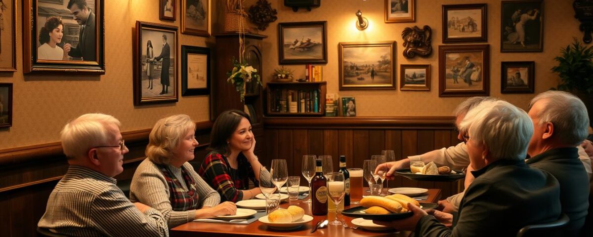 A cozy, well-lit restaurant interior with a group of friends seated around a table, engaged in lively conversation. The walls are adorned with framed artwork and vintage decor, creating a warm, inviting atmosphere. The table is set with elegant place settings, and a server approaches, carrying a tray of freshly baked bread and drinks. The patrons' expressions convey a sense of comfort and familiarity, as if they are regulars at this establishment. Soft, ambient lighting casts a gentle glow over the scene, highlighting the attention to detail and the overall sense of hospitality that pervades the space.